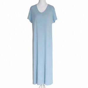 L.L. Bean Vintage 90s Rib Knit Maxi Dress Large Petite‎ LP Blue Short Sleeve